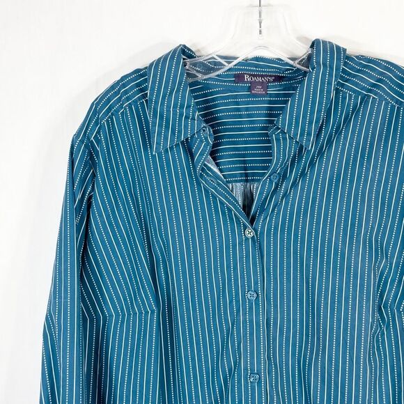 Roamans Plus Size 24W Top Green Striped Button Up Spread Collar Cotton 1528 - Picture 3 of 10